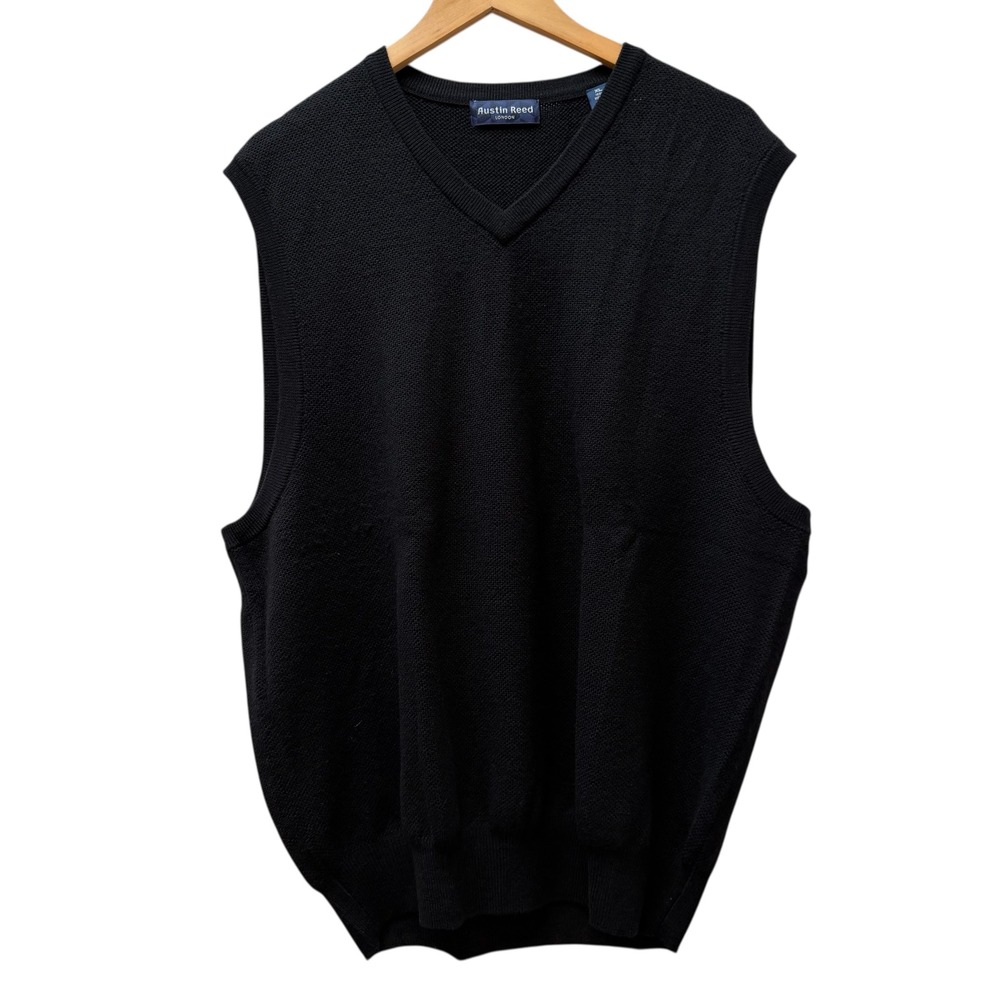 Austin Reed London Mens XL Black 100% Merino Wool‎ V-Neck Sweater Vest Academia